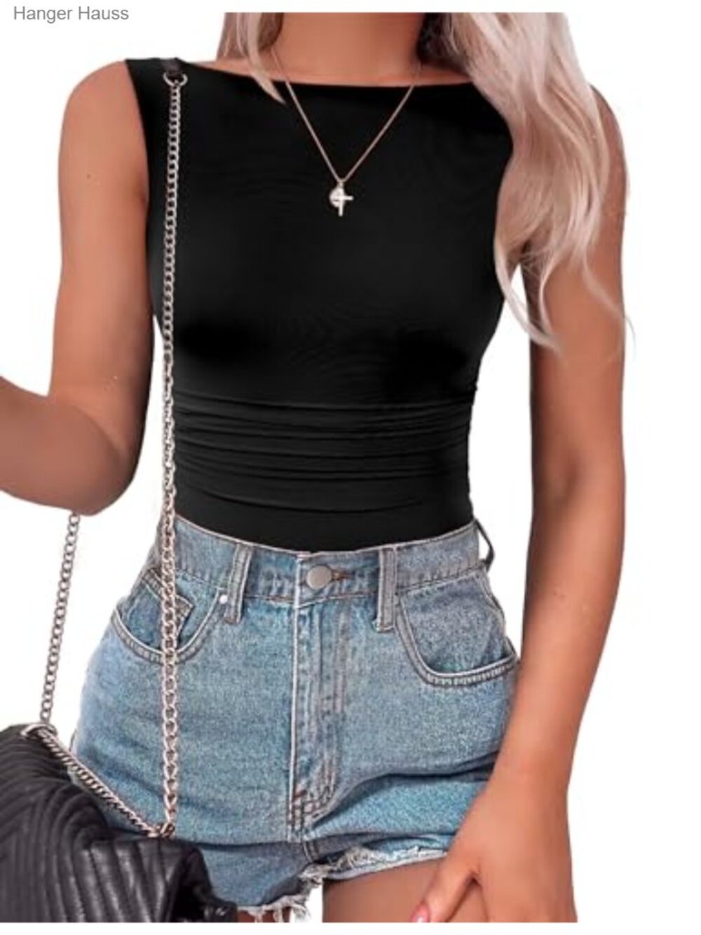 Sleeveless Mesh Ruched Bodysuit Double Lined Boat Neck
